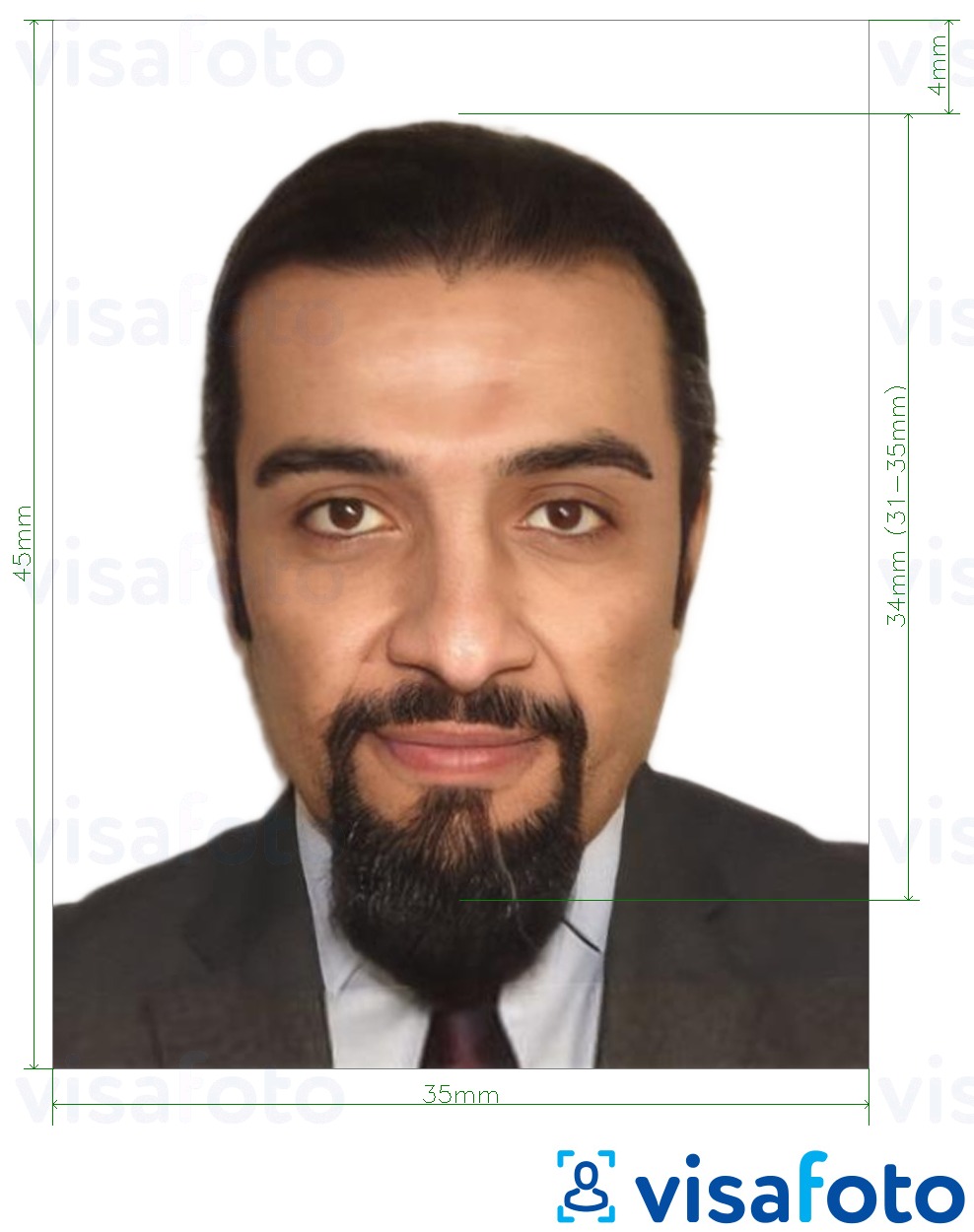 Nuotraukos pavyzdys JAE asmens tapatybės kortelė internetu 35x45 mm su tikslaus dydžio specifikacija