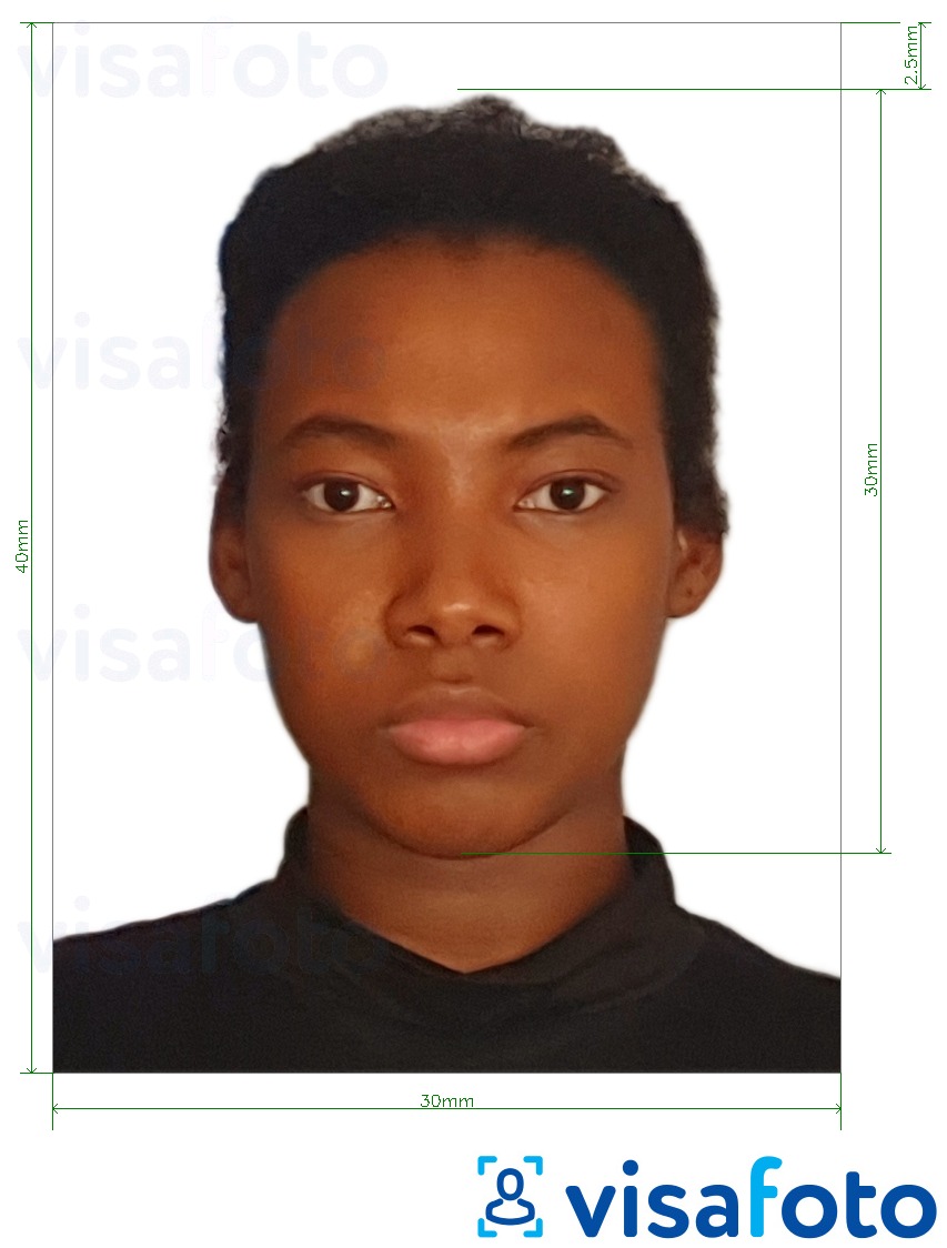 Nuotraukos pavyzdys Bisau Gvinėjos vizos 3x4 cm (30x40 mm) su tikslaus dydžio specifikacija