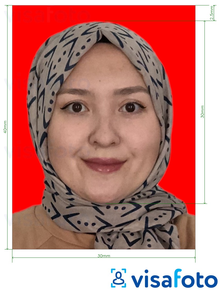 Nuotraukos pavyzdys Indonezija vizos 3x4 cm (30x40 mm) internete raudonas fonas su tikslaus dydžio specifikacija