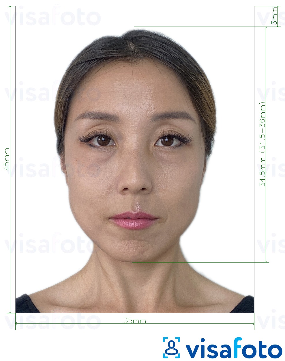Nuotraukos pavyzdys Pietų Korėjos registracijos kortelė 35x45 mm su tikslaus dydžio specifikacija