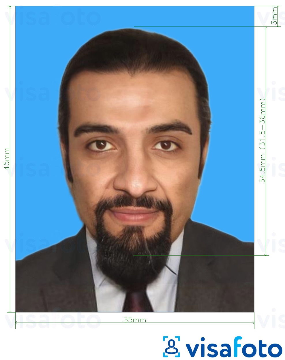 Nuotraukos pavyzdys Palestinos asmens tapatybės kortelė 35x45mm mėlynas fonas su tikslaus dydžio specifikacija