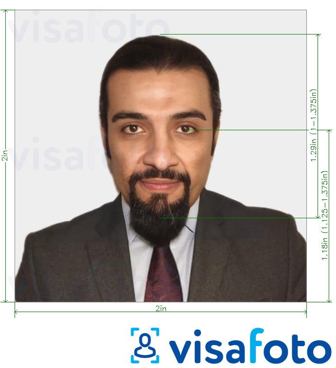 Nuotraukos pavyzdys Saudo Arabijos vizos 2x2 colių (51x51 mm) su tikslaus dydžio specifikacija