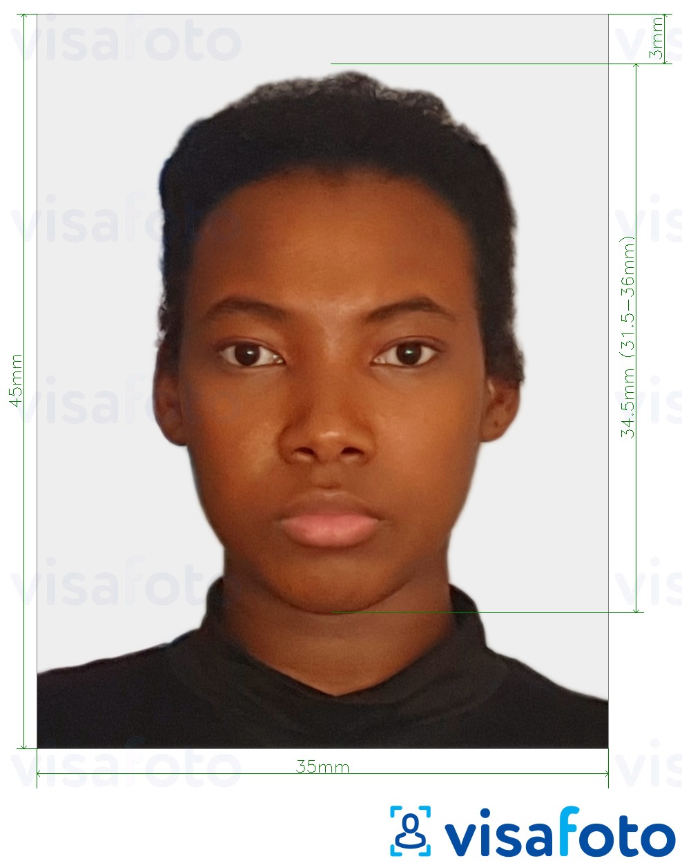 Nuotraukos pavyzdys Siera Leonės viza 35x45 mm (3,5x4,5 cm) su tikslaus dydžio specifikacija